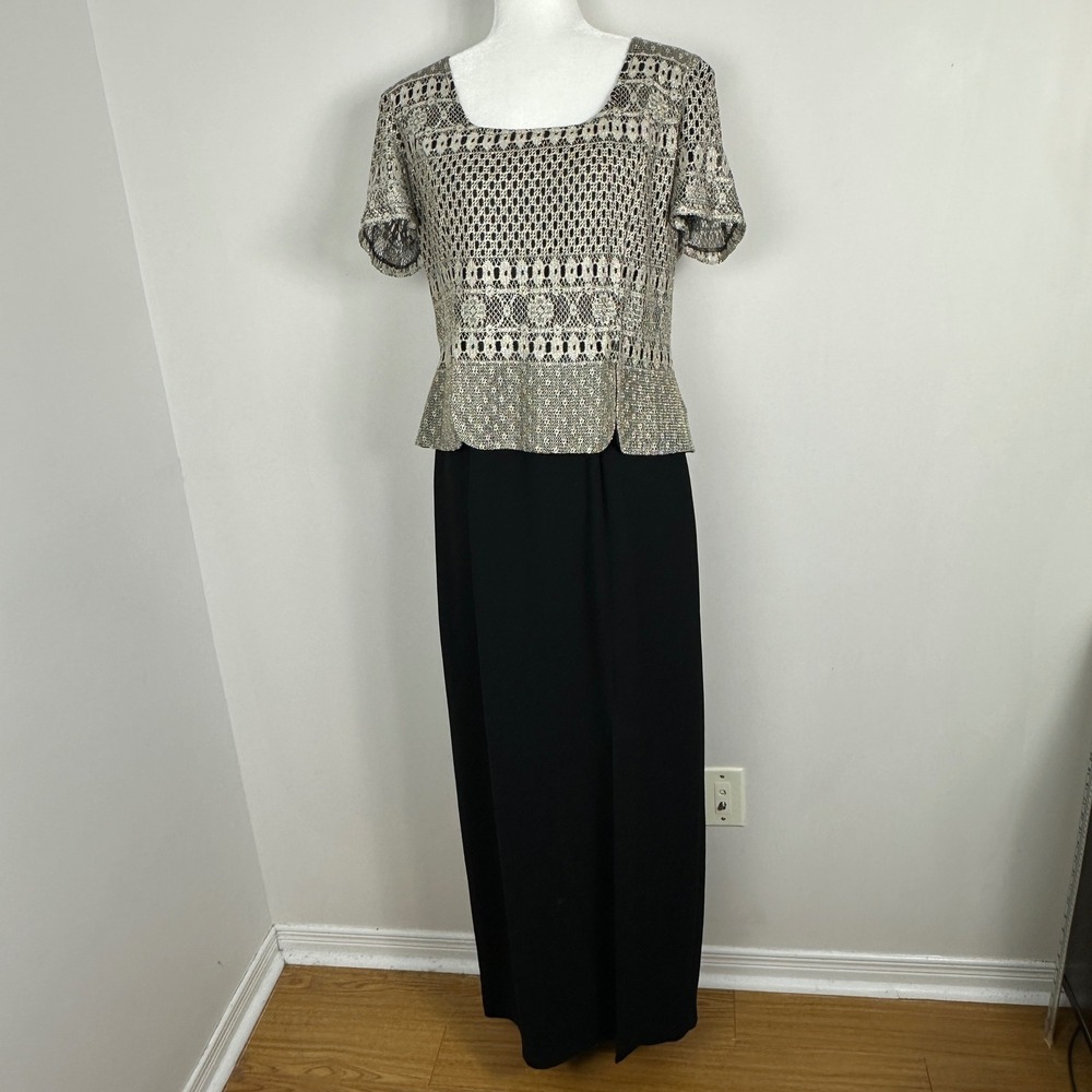 Vintage Joseph Ribkoff Couture Canada Black Silver Overlay Maxi Dress Womens 14